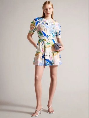 Ted Baker Ritahh Mini Dress White Multi Size 2 UK 10 Belted Puff Sleeves BNWT