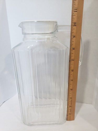 Vintage ARC Gerippt Klarglas KRUG mit Weißem Deckel Wasser Saft Sonne Tee Kanne Frankreich - Bild 5 von 7