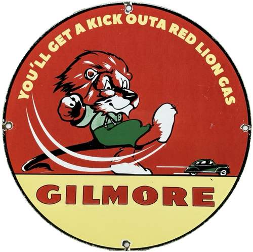 VINTAGE GILMORE GASOLINE PORCELAIN SIGN GAS STATION PUMP PLATE MOTOR OIL CAN