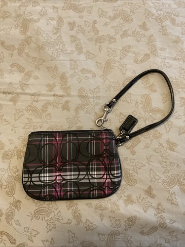 COACH Tartan Poppy Wristlet Plaid Glamor Black Purple Pink Glitter Signature C