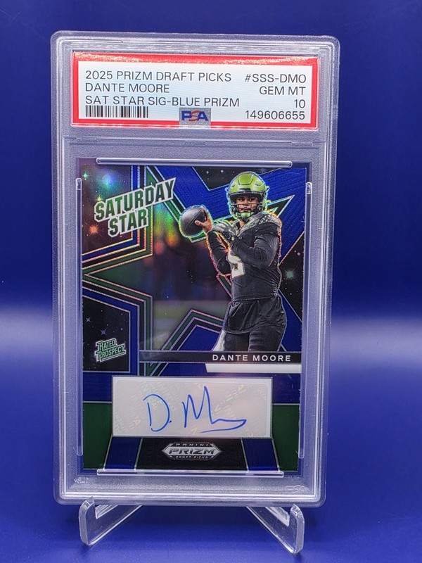 2025 Prizm Draft Picks Dante Moore AUTO Saturday Star Blue #/249 PSA 10 GEM MINT