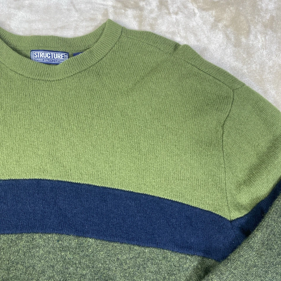 Vintage Structure 100% New Wool Sweater Mens XL Green Blue Shetland Crew Neck - Image 3 of 4
