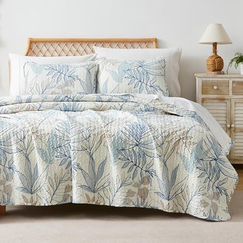 Oversized Full/Queen Quilt Set, All Season Full / Queen 30 - Tropic Leaf Blue - Picture 2 of 7