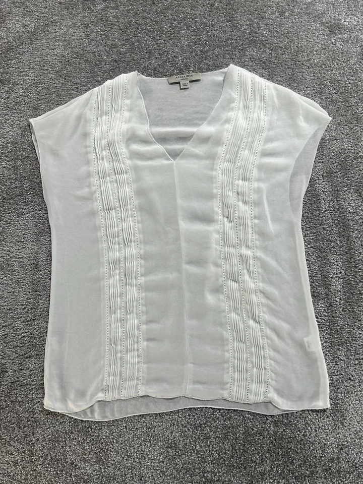 Blusa Top Allsaints Ella Mujer Mediana Blanca Tejida Mini Plisada Cuello en V Informal Foto 2 de 4