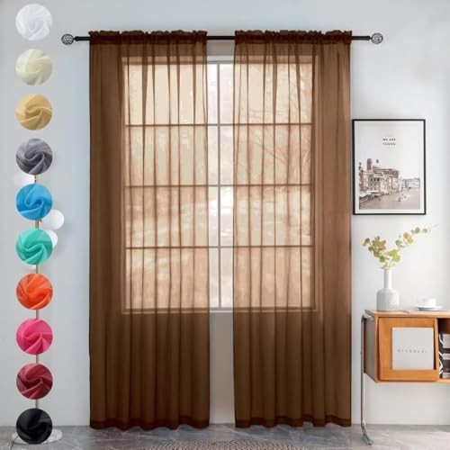 Solid Sheer Rod Pocket Curtain Voile Draperies 2 52"W x 72"L (Pack of 2) Brown - Picture 1 of 6