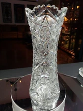 10" VASE Corset, American Brilliant Cut Glass Crystal Meriden Fanned Hobstars