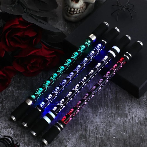 4er Pack Halloween LED-Rotationskugelschreiber - Lustiger Schädel, Rutschfest - Bild 4 von 5