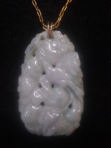 Antiker geschnitzter grüner weißer Jade 10K Gold Vogel Obst Anhänger Halskette Jadit - Bild 20 von 23