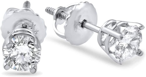 1/2ct TW Real (Natural) Round Diamond Solitaire Stud Earrings 14K White Gold - Picture 2 of 5
