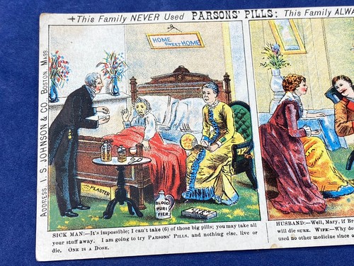 PÍLDORAS PARSONS para tarjetas comerciales victorianas C.1890 ~ ¡Charlatanería! I.S. Johnson, Boston - Imagen 2 de 5