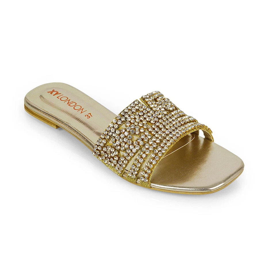 Womens Slip On Mule Ladies Flat Sparkly Diamante Holiday Flip Flop Sandals Size - Image 2 of 4