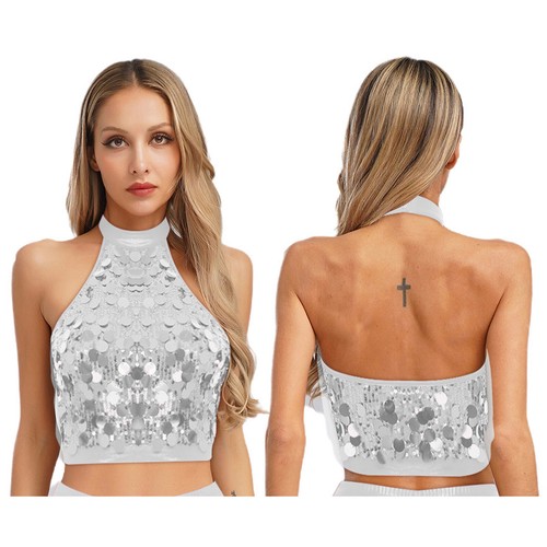 Womens Sequin Crop Tops 70s Disco Sparkly Tank Tops Metallic Party Costumes - Picture 10 of 65