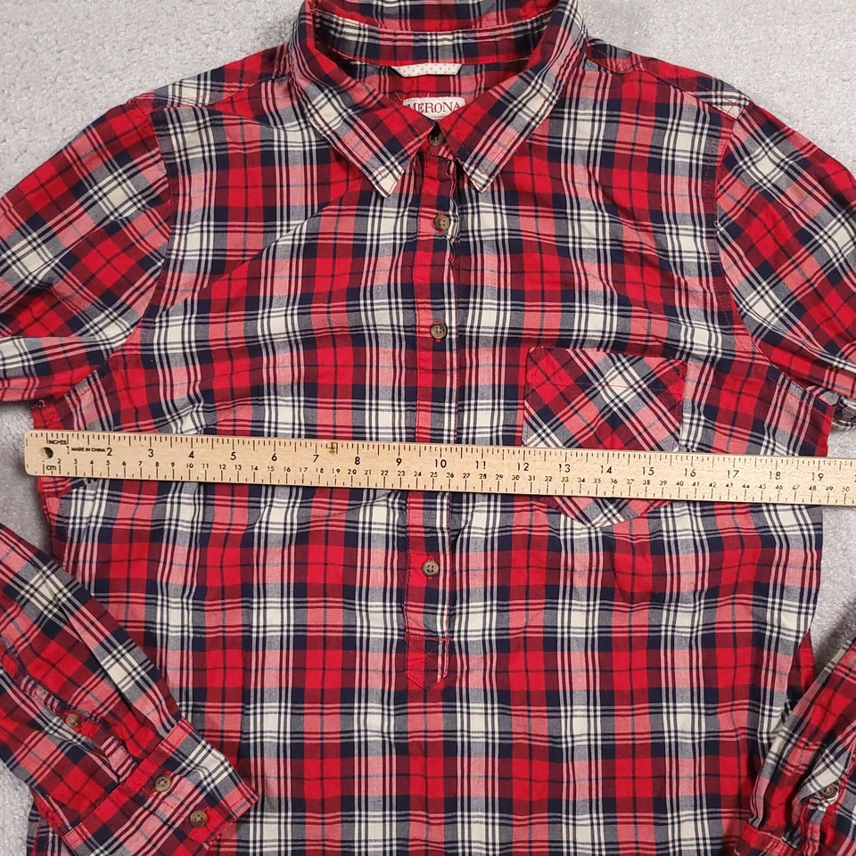 Merona Henley Shirt Women's Large Red Plaid Long Sleeve Collared Pocket Button - Image 4 of 4