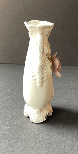 Vintage Tilso Glazed Ceramic White Vase Handles Pink Flower Japan Handcrafted - Picture 4 of 8