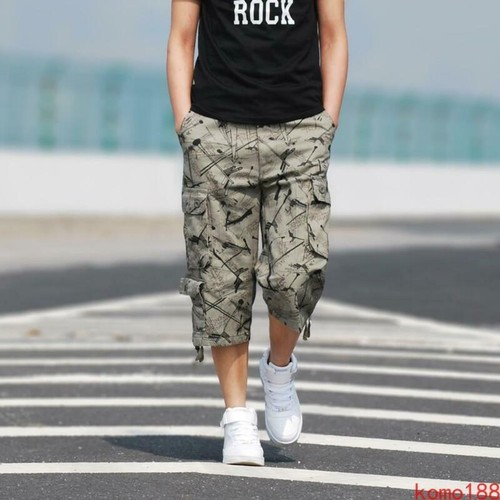 Mens mid long Length Camouflage Cargo Pants Shorts Baggy Casual Trousers - Foto 9 di 10