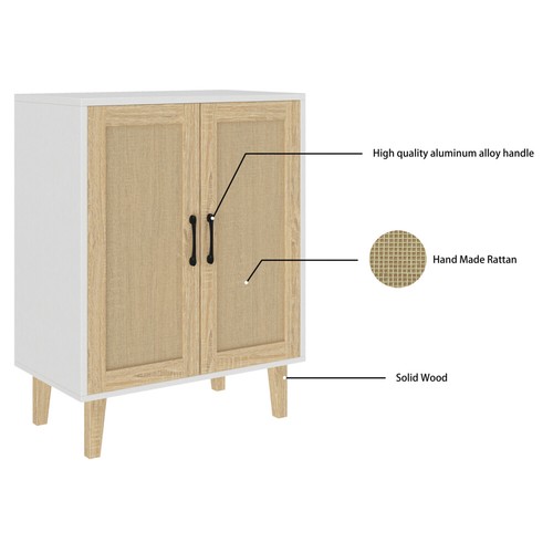 Buffet Storage Cabinet with Rattan Decorating Living Room Wood 2 Door Sideboard - Picture 17 of 48