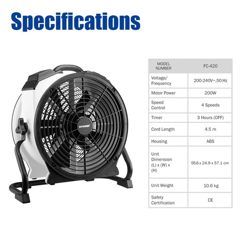 XPOWER FC-420 Weißes Highspeed Multipurpose Axial Fan Ventilator Air Circulation - Bild 3 von 13