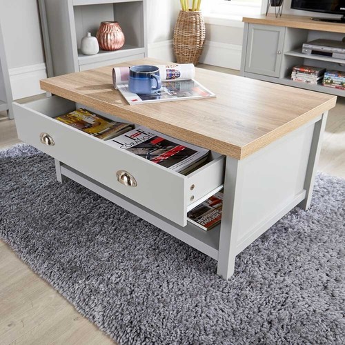 Grau Couchtisch Eiche Optik Platte 1 Schublade Ablage Beistelltisch Metallgriffe - Bild 3 von 7