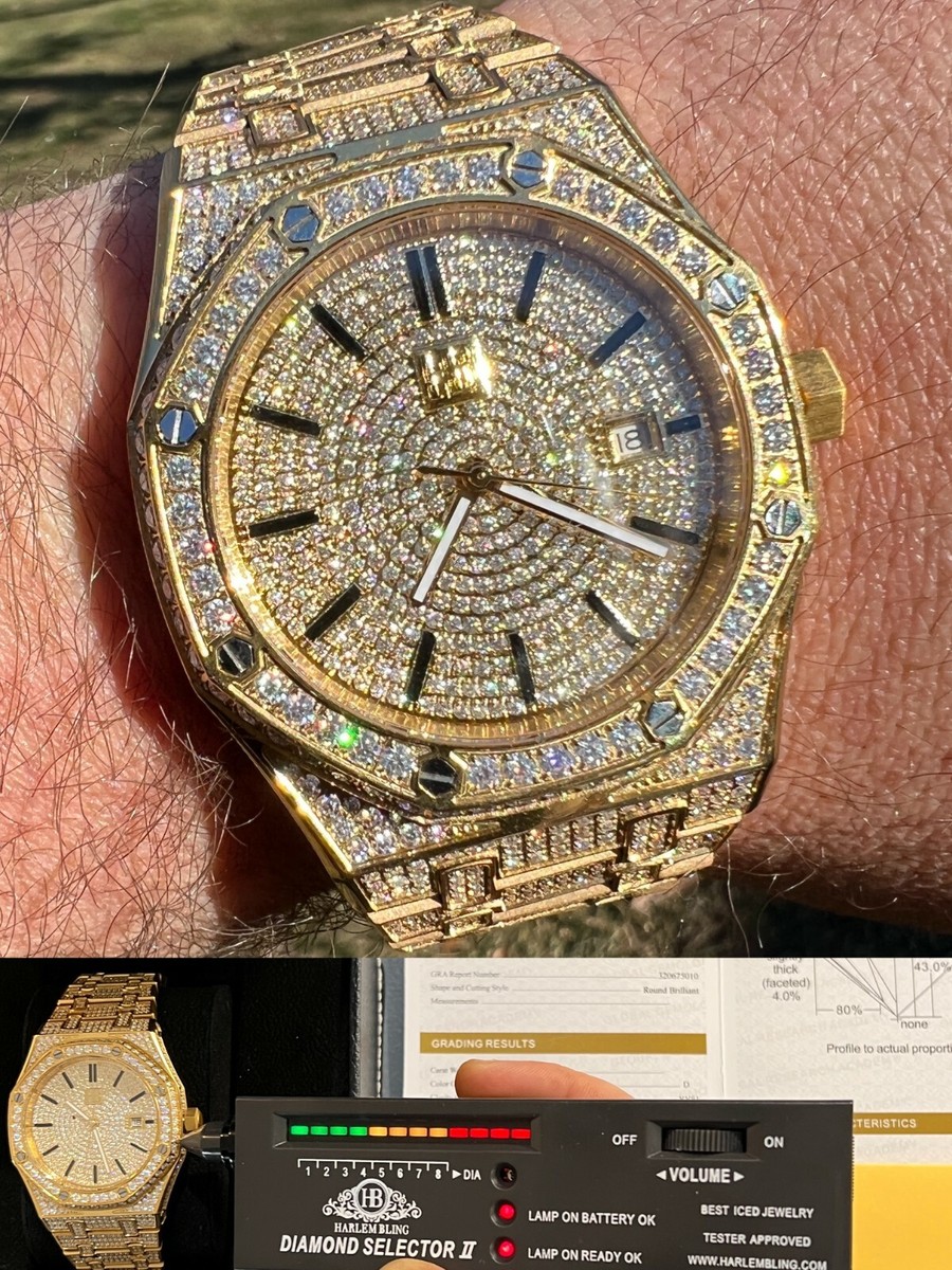 Mens MOISSANITE Watch Iced Automatic Skeleton Gold 44mm Mens MOISSANITE Watch Iced Automatic Skeleton Gold 44mm