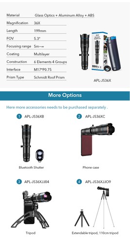 Teléfono inteligente APEXEL HD 36X zoom lente teleobjetivo telescopio monocular con trípode - Imagen 9 de 17