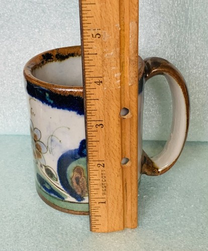 4” Mexican Pottery Coffee Tea Mug Bird Flower Design Brown & Blue Cat Face Mark - Picture 8 of 9