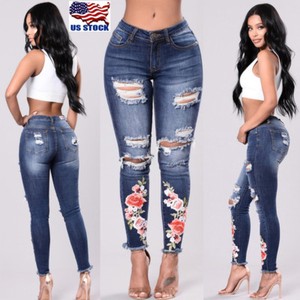 Women-High-Waist-Jeans-Ripped-Skinny-Slim-Stretch-Denim-Pants-Trousers-Embroider