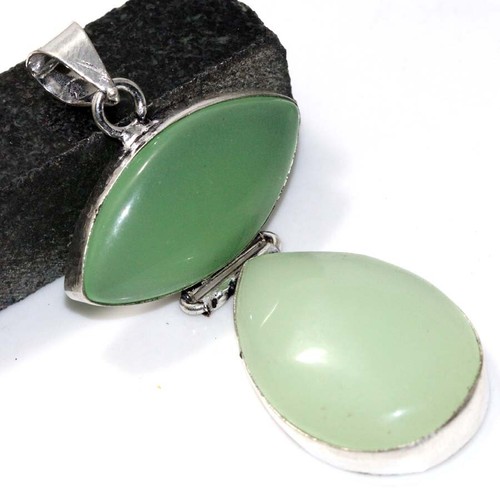 Green Chalcedony 925 Silver Plated Gemstone Pendant 2.6" Jewelry AU Y745