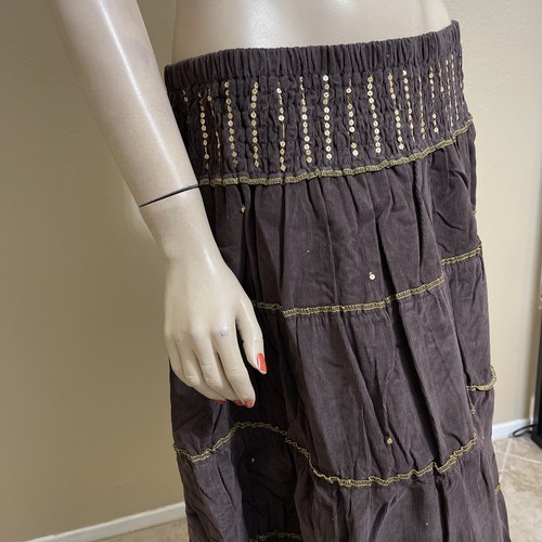 Women’s Brown Cotton Casual Boho Beaded Ruffle Hippie Velvet Size L Skirt - Picture 6 of 12
