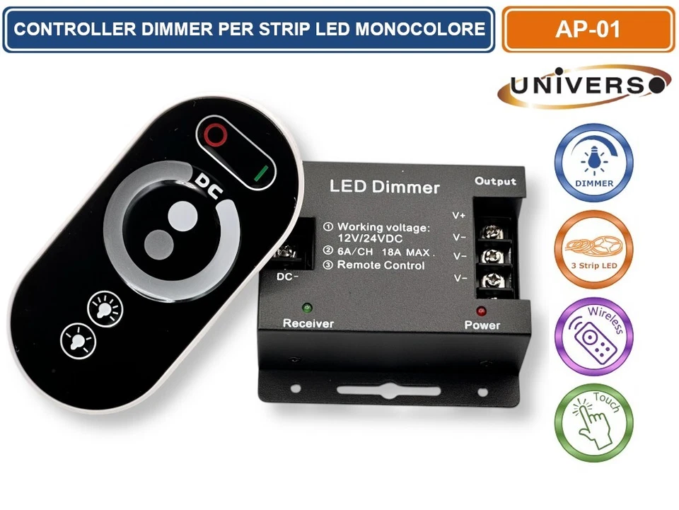 CONTROLLER DIMMER PER STRISCE LED MONOCOLORE DC 12V-24V CON TELECOMANDO 3 CANALI - Immagine 2 di 4