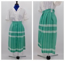Vintage 70s Does 40s Green  White Check/Plaid A-Line Button Down Skirt W26