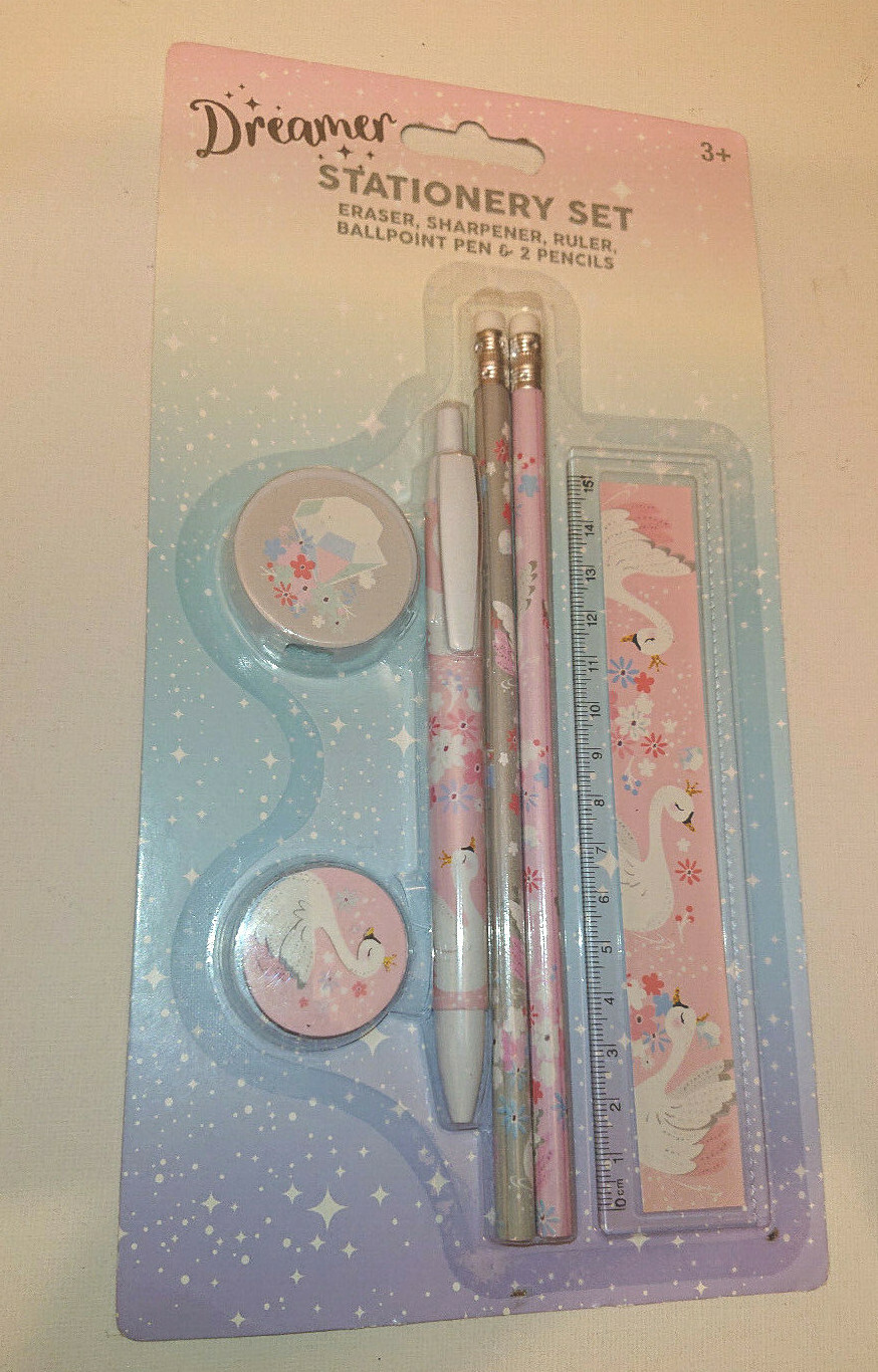 SWAN PRINCESS 6 piece STATIONERY SET Eraser BALLPOINT Sharpener RULER 2 Pencils