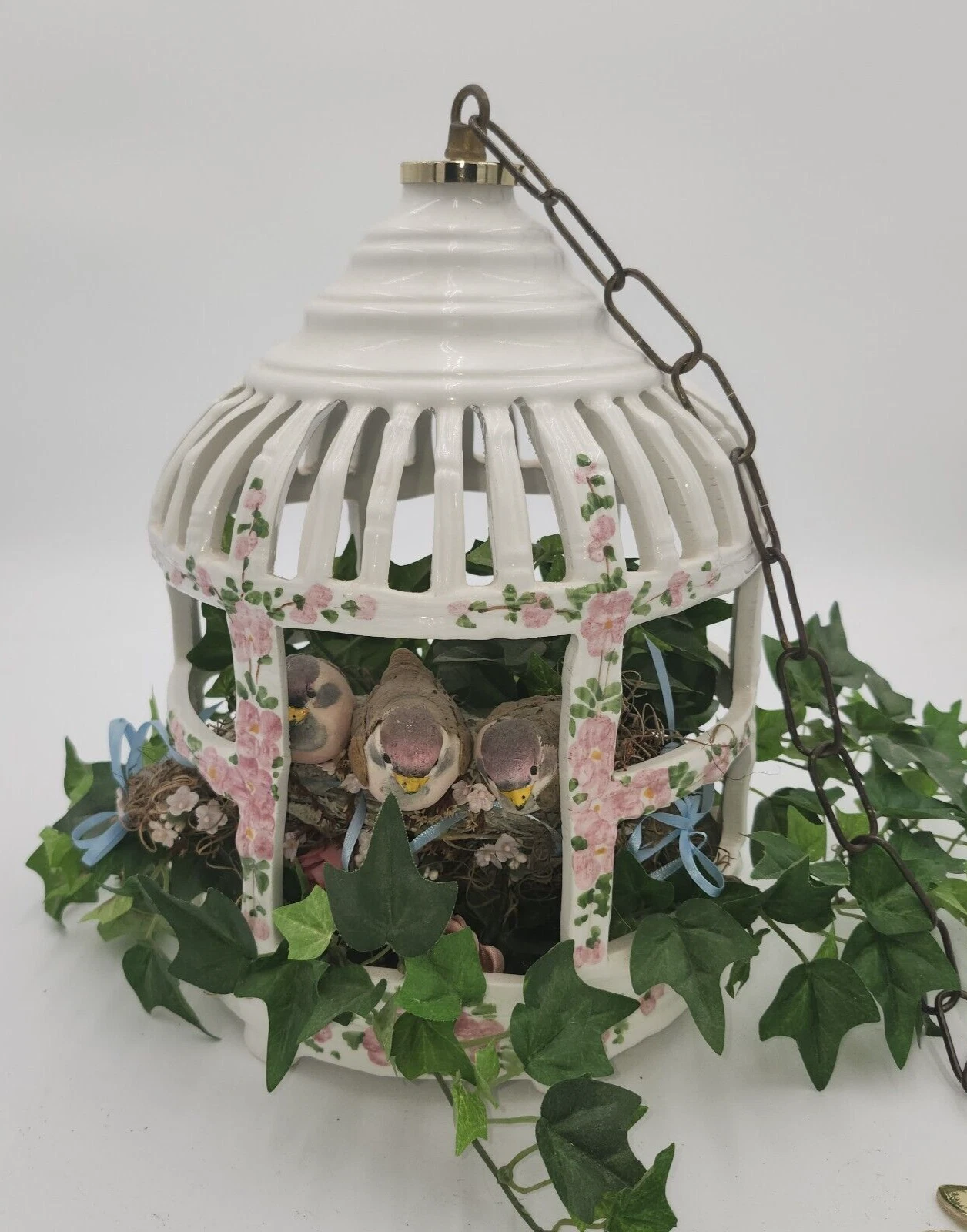 12" Ceramic Venezia Italy Bird Cage pink roses hand painted Plant Pot Hanger