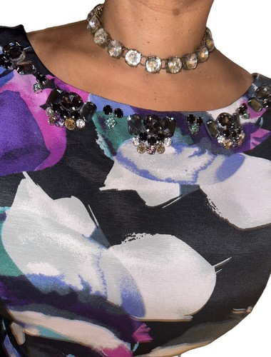Eliza J $178 Floral Faille Zip Bateau Pocket Dress Jewel Watercolor Print Sz 8 - Picture 2 of 7