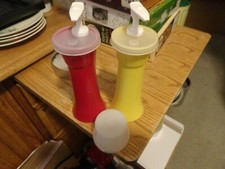 Vintage Tupperware Ketchup Mustard Condiment Set Pump Hourglass Dispenser 