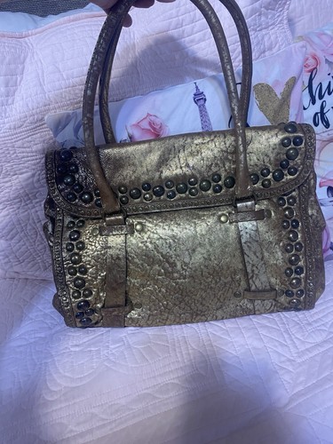 Tre Vero Handtasche Bronze Gold Distressed Schimmer Nieten Schultertasche - Bild 2 von 7