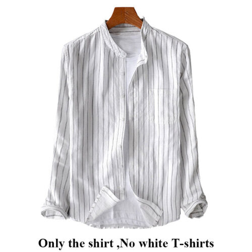 Mens Long Sleeve Retro Striped Shirt Collarless Grandad Casual Dress Shirts Tops - Picture 9 of 14