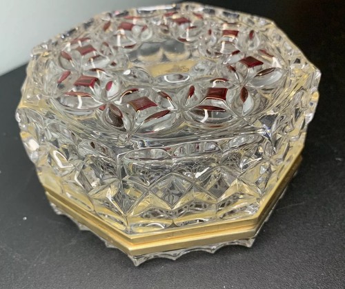 Vtg Baccarat Style Hinged Glass Trinket Jewelry Box 4.75”x2.25” Octagon Gold Red - Picture 11 of 12