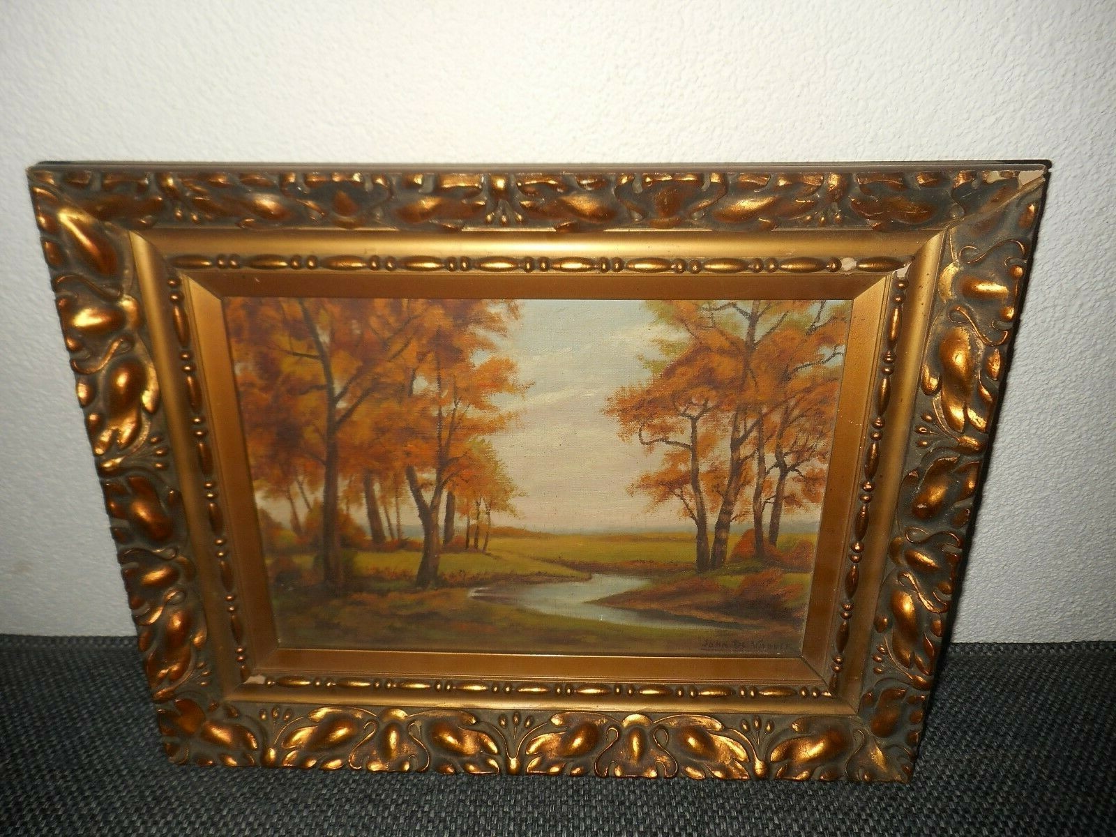 Old oil painting,{ Woodslandscape with a river, nice frame! }. Popularny klasyk, limitowana wyprzedaż