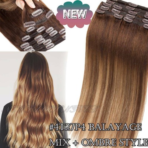 Thick Double Weft Clip In Remy Real Human Hair Extensions Full Head highlight US - Picture 51 of 52