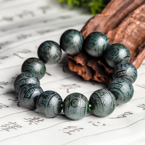 Natural Jade Nephrite Bangle Men Lucky Black 17.5mm Rich Round Beads Bracelet - Picture 6 of 7