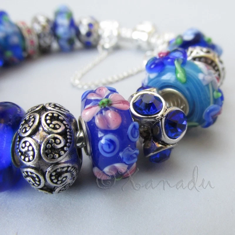 Pulsera Pandora genuina con cuentas de Murano artesanales florales azules reales europeas Foto 3 de 4