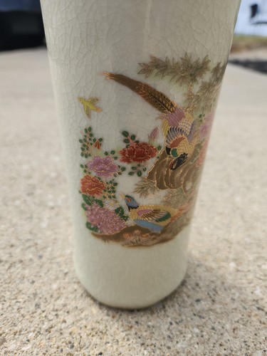 Oriental Japan Flower Vase Vintage Porcelain Pottery Floral Bird Pattern Crackle - Picture 2 of 4