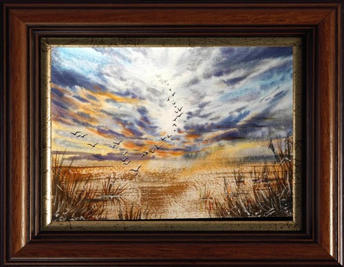 Original Painting 8x12"Artwork Watercolor Modern Landscape Ducks Flying Seascape - Picture 4 of 16