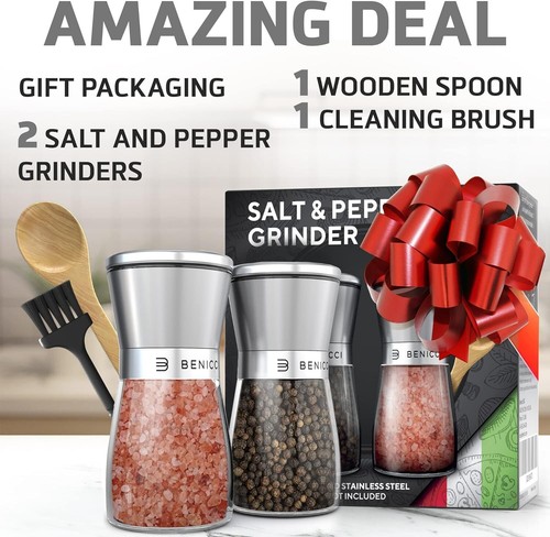 Durable Elegant Salt and Pepper Grinder Set - Glass Shakers with Cleaning Brush - Picture 7 of 8