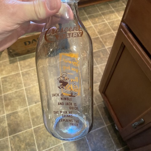 Rare Crescent Dairy ACL Quart Milk Bottle Kokomo Indiana IN “Jack Is Nimble”