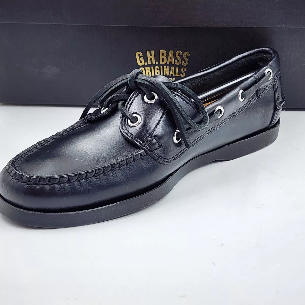G.H. Bass Originals Hampton Dressy Boat Shoes Men s 7.5 Black Lace Up Slip On