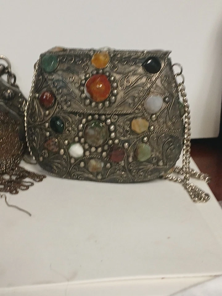 3 Monederos Victorianos Plata Querubín Terciopelo Negro Con Piedras Preciosas Mini Noche  Foto 2 de 4