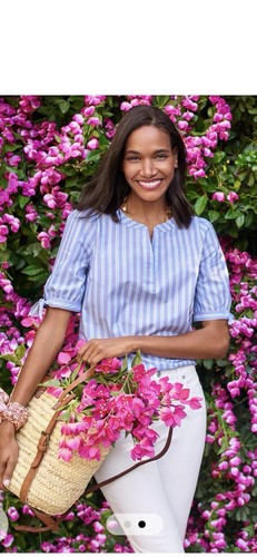 Talbots poplin striped tie sleeve top blouse white blue red small 100% cotton - Picture 1 of 8