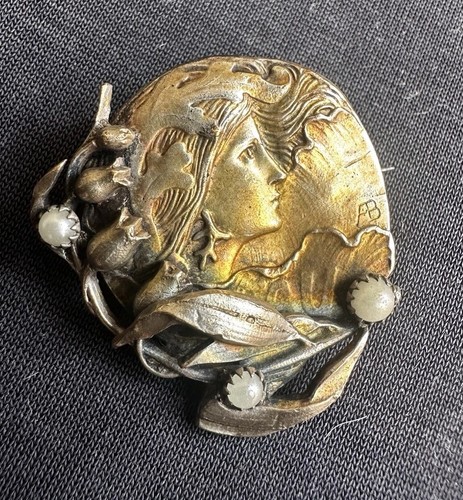 Art Nouveau Tested Silver Gilt Lady Portrait Pretty Pearl Brooch - Picture 2 of 11