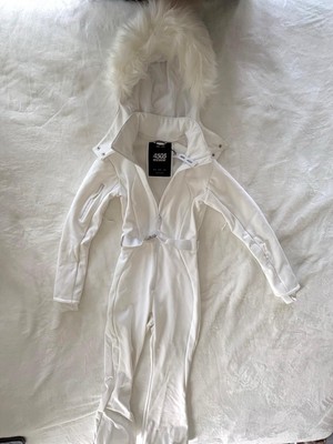 4505 Ski belted ski suit with slim kick leg and faux fur hood in white
